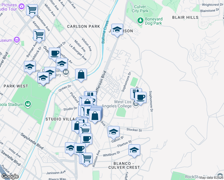 map of restaurants, bars, coffee shops, grocery stores, and more near 4909 Indianwood Road in Culver City