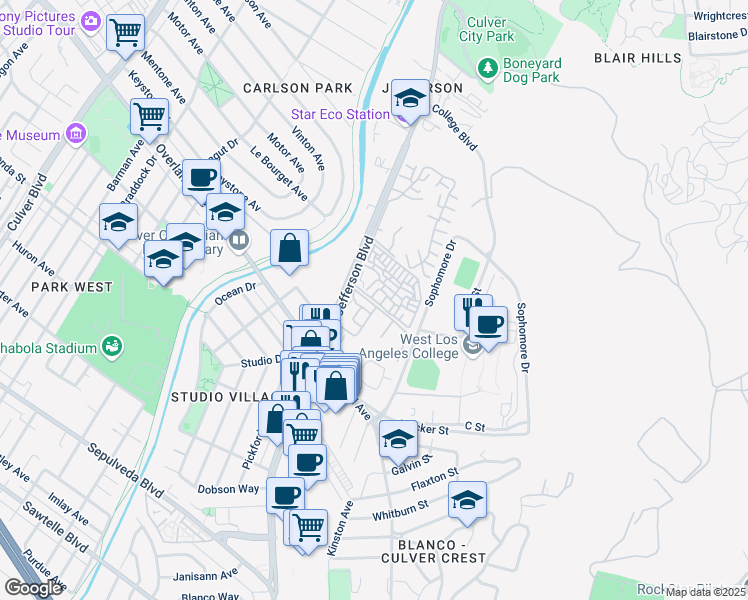 map of restaurants, bars, coffee shops, grocery stores, and more near 4909 Indianwood Road in Culver City