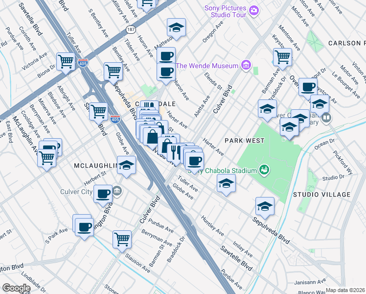 map of restaurants, bars, coffee shops, grocery stores, and more near 4178 Commonwealth Avenue in Culver City