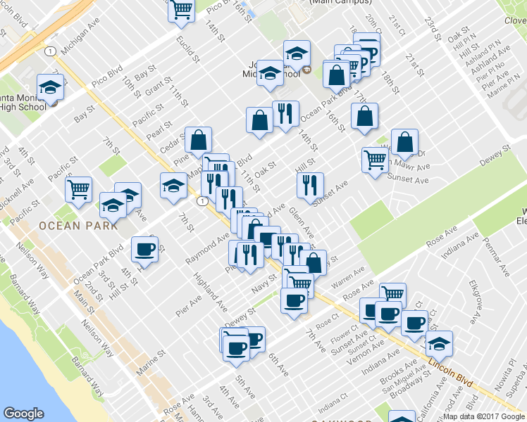 map of restaurants, bars, coffee shops, grocery stores, and more near 2823 11th Street in Santa Monica