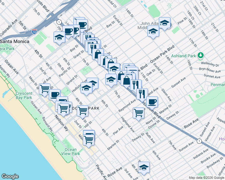 map of restaurants, bars, coffee shops, grocery stores, and more near 711 Ocean Park Boulevard in Santa Monica