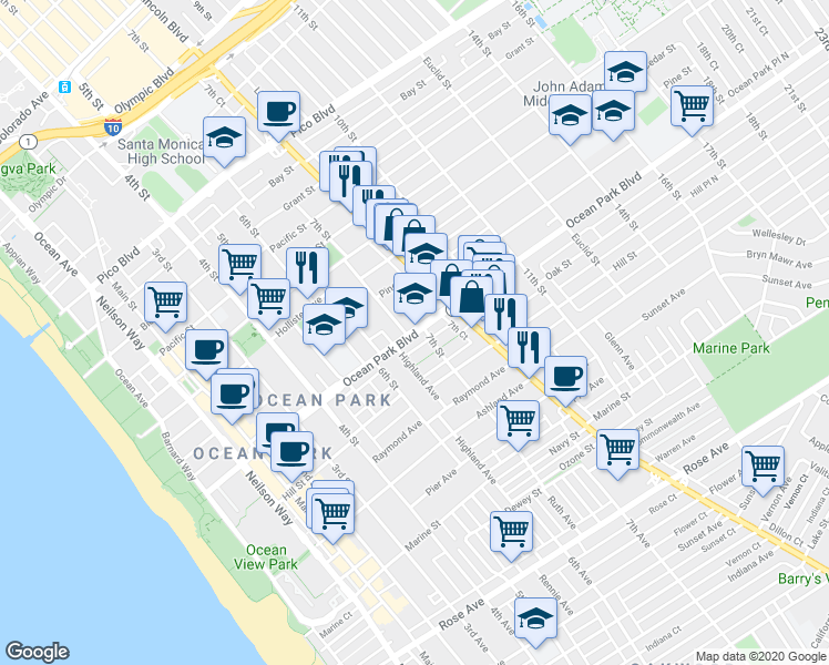 map of restaurants, bars, coffee shops, grocery stores, and more near 711 Ocean Park Boulevard in Santa Monica