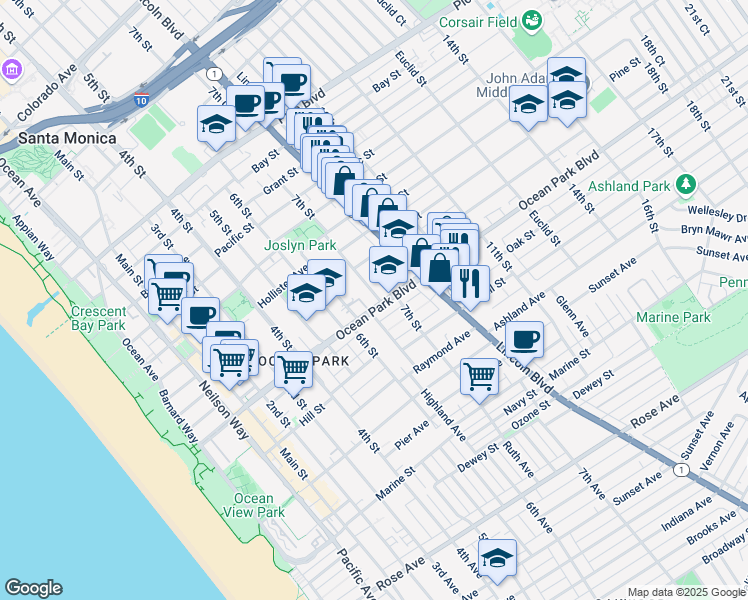 map of restaurants, bars, coffee shops, grocery stores, and more near 2520 7th Street in Santa Monica