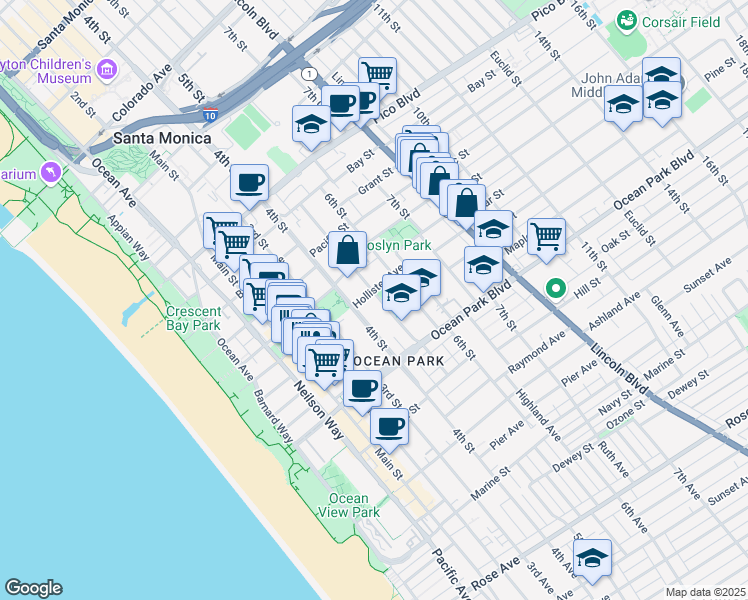 map of restaurants, bars, coffee shops, grocery stores, and more near 521 Hollister Avenue in Santa Monica