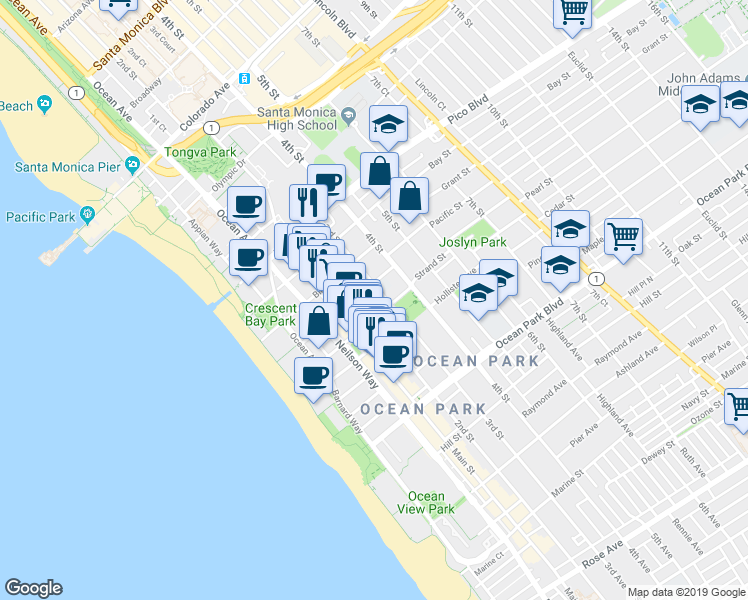map of restaurants, bars, coffee shops, grocery stores, and more near 241 Pacific Street in Santa Monica