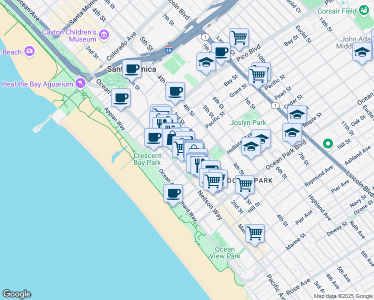 map of restaurants, bars, coffee shops, grocery stores, and more near 241 Pacific Street in Santa Monica