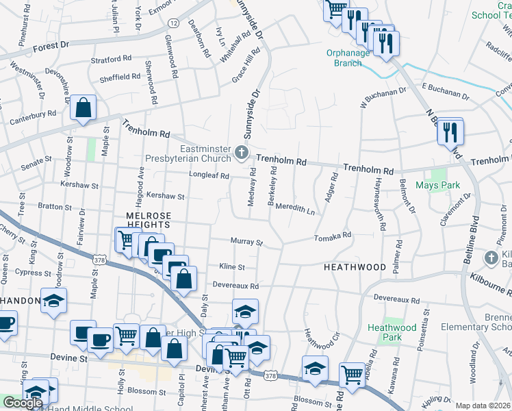 map of restaurants, bars, coffee shops, grocery stores, and more near 1505 Berkeley Road in Columbia