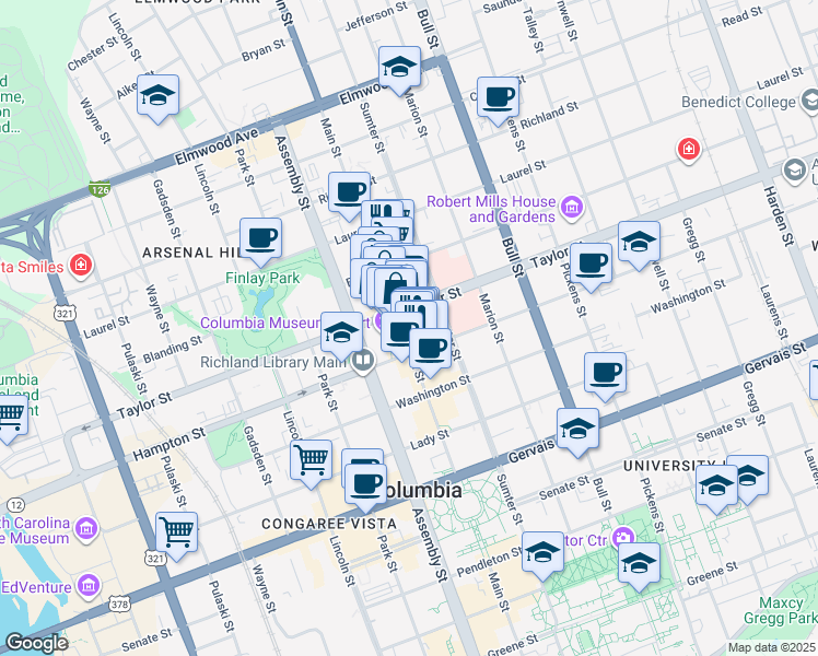 map of restaurants, bars, coffee shops, grocery stores, and more near 1545 Main Street in Columbia