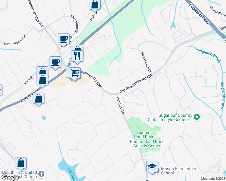 map of restaurants, bars, coffee shops, grocery stores, and more near 2569 Old Peachtree Road Northwest in Duluth