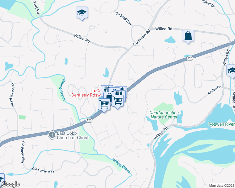 map of restaurants, bars, coffee shops, grocery stores, and more near 4040 Connolly Court in Roswell