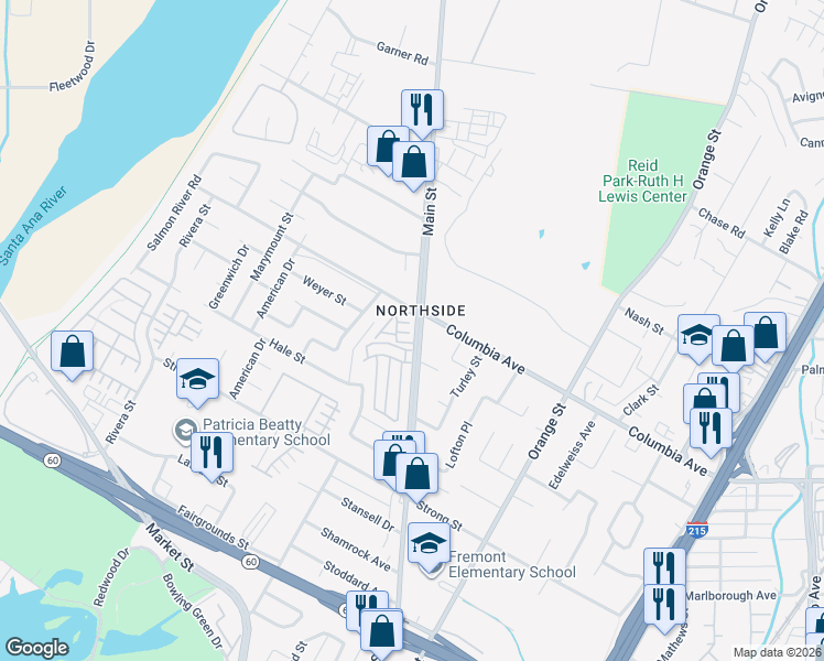 map of restaurants, bars, coffee shops, grocery stores, and more near 3805 Coastal Street in Riverside