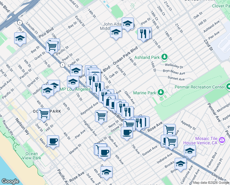map of restaurants, bars, coffee shops, grocery stores, and more near 1027 Ashland Avenue in Santa Monica