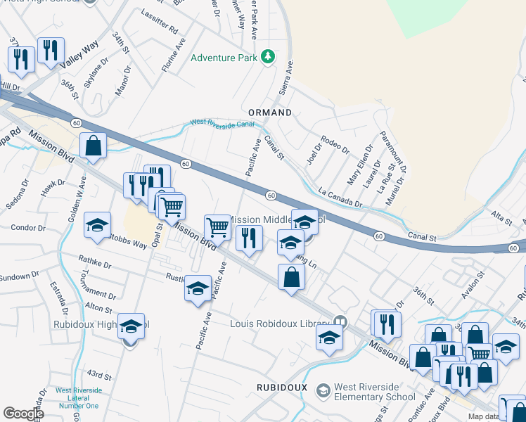 map of restaurants, bars, coffee shops, grocery stores, and more near 6056 Humble Street in Riverside