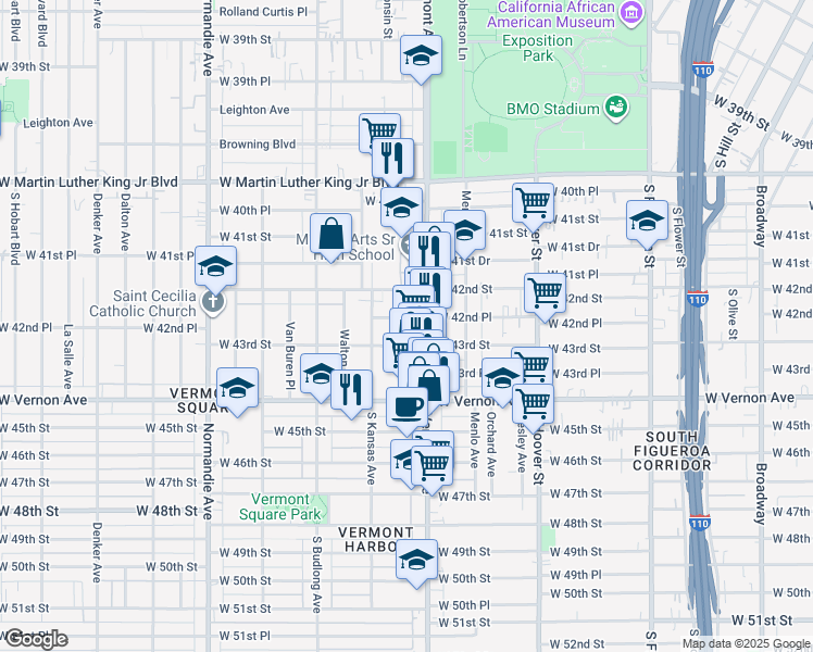 map of restaurants, bars, coffee shops, grocery stores, and more near West 42nd Place in Los Angeles