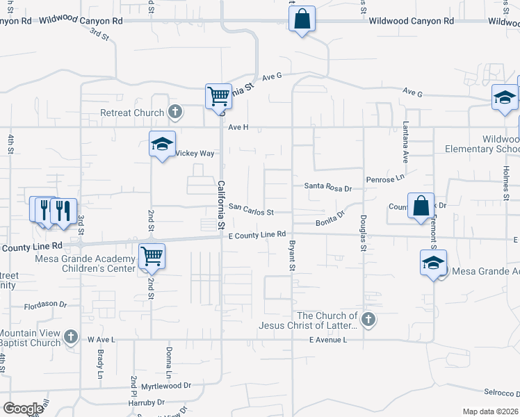map of restaurants, bars, coffee shops, grocery stores, and more near 13638 San Leandro Avenue in Yucaipa