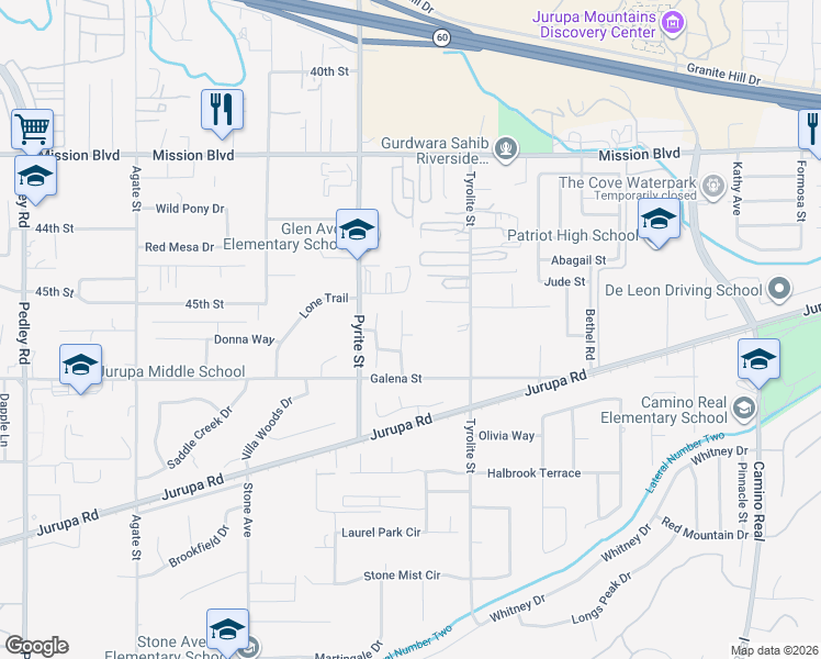 map of restaurants, bars, coffee shops, grocery stores, and more near 4490 Farley Drive in Riverside