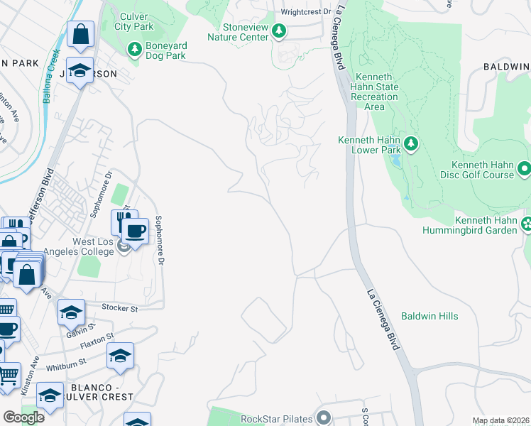 map of restaurants, bars, coffee shops, grocery stores, and more near College Boulevard in Culver City