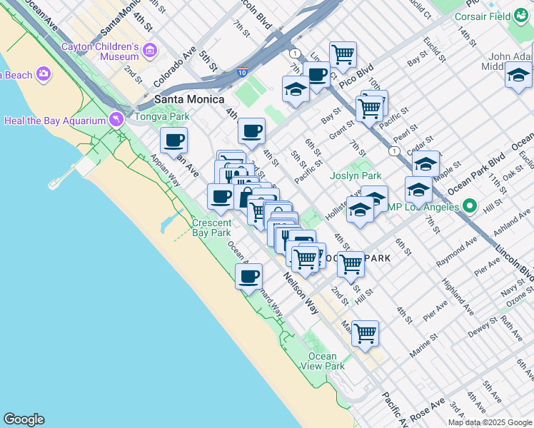 map of restaurants, bars, coffee shops, grocery stores, and more near 213 Pacific Street in Santa Monica