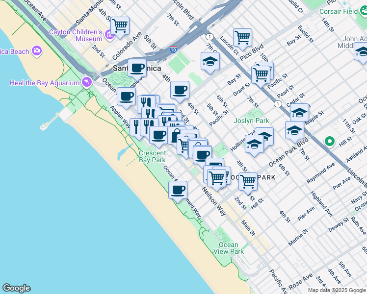 map of restaurants, bars, coffee shops, grocery stores, and more near 2101 Main Street in Santa Monica