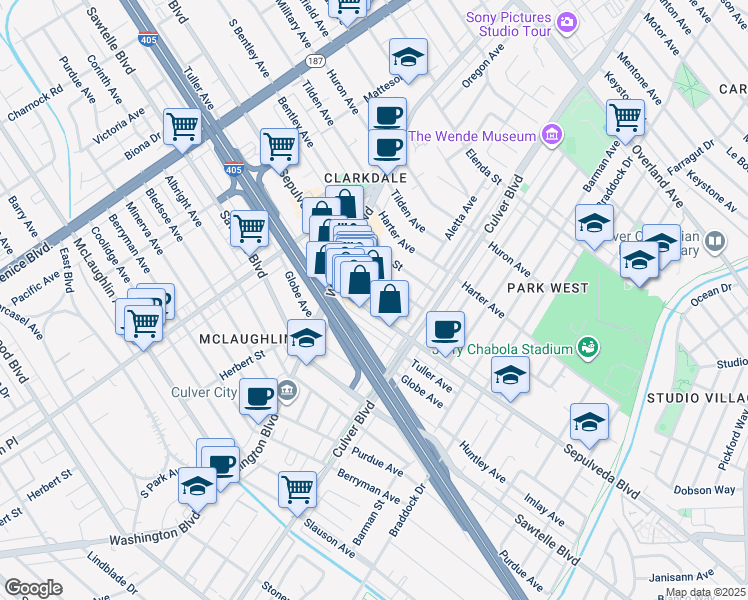 map of restaurants, bars, coffee shops, grocery stores, and more near 4157 Commonwealth Avenue in Culver City