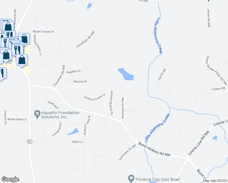map of restaurants, bars, coffee shops, grocery stores, and more near 218 Hickory Branch Drive in Acworth