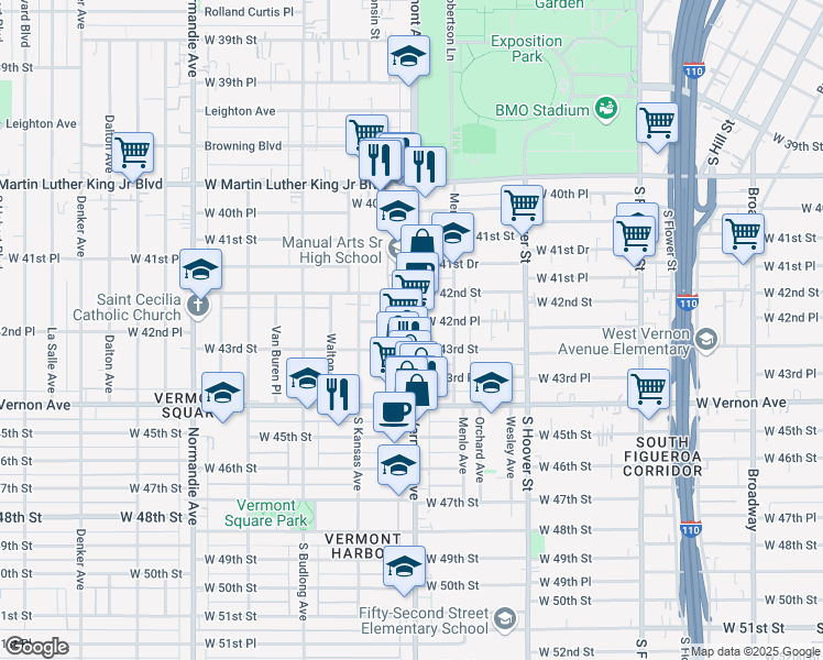 map of restaurants, bars, coffee shops, grocery stores, and more near 4261 Vermont Avenue in Los Angeles