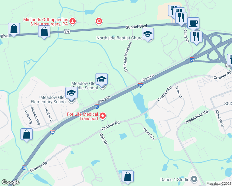 map of restaurants, bars, coffee shops, grocery stores, and more near Ginny Lane in Lexington County