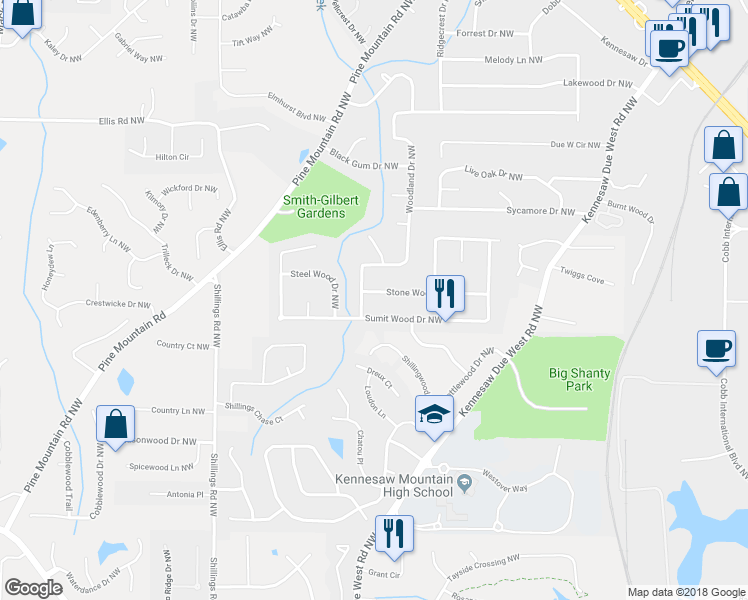 map of restaurants, bars, coffee shops, grocery stores, and more near 7095 Stone Wood Drive Northwest in Kennesaw