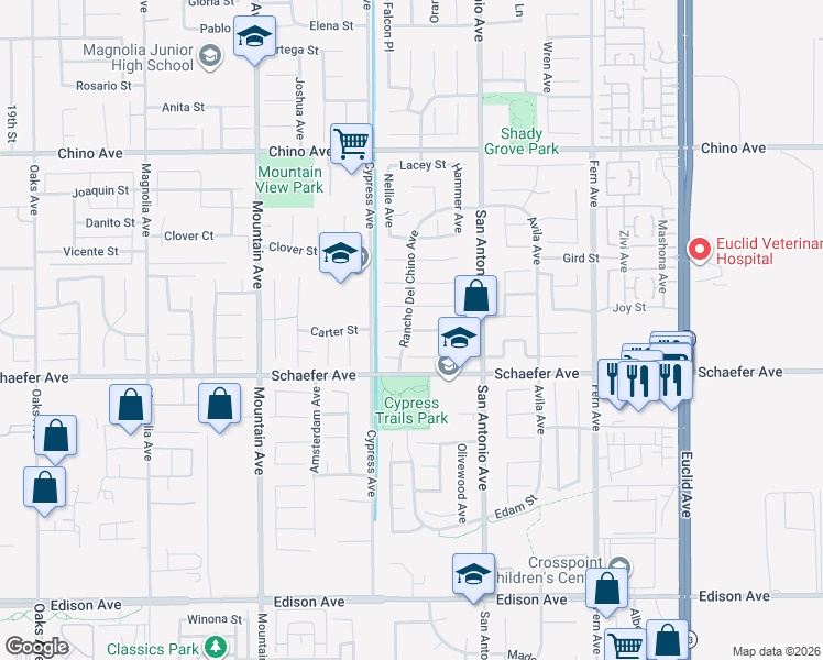 map of restaurants, bars, coffee shops, grocery stores, and more near 6558 Issac Street in Chino