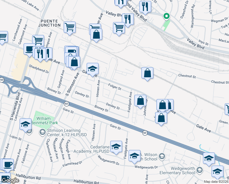 map of restaurants, bars, coffee shops, grocery stores, and more near 1125 Glenelder Avenue in Hacienda Heights
