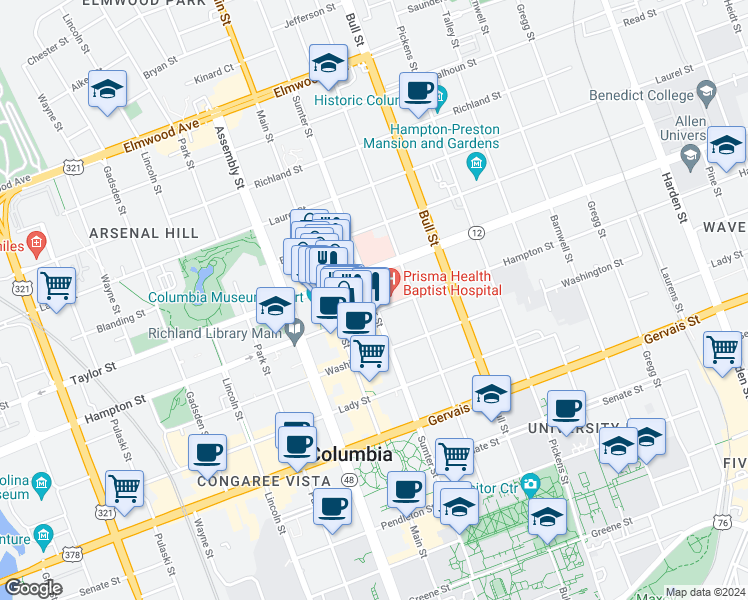 map of restaurants, bars, coffee shops, grocery stores, and more near 1528 Sumter St in Columbia
