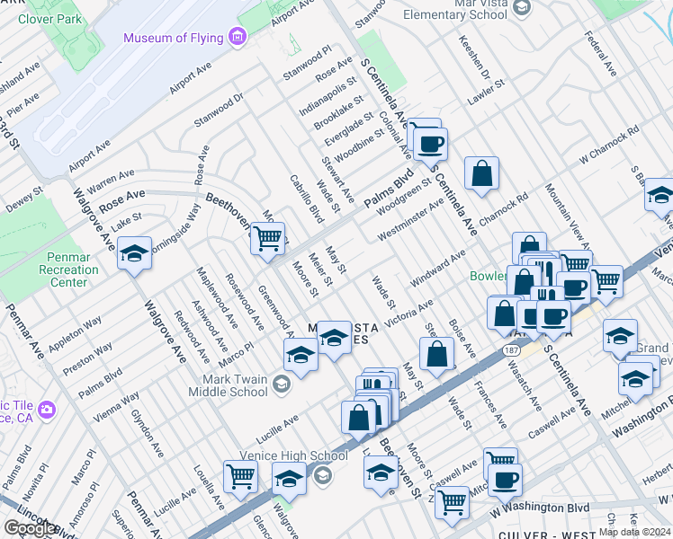 map of restaurants, bars, coffee shops, grocery stores, and more near 3537 May Street in Los Angeles