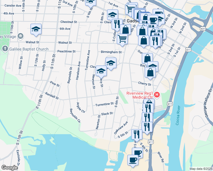 map of restaurants, bars, coffee shops, grocery stores, and more near 612 Tracy Street in Gadsden