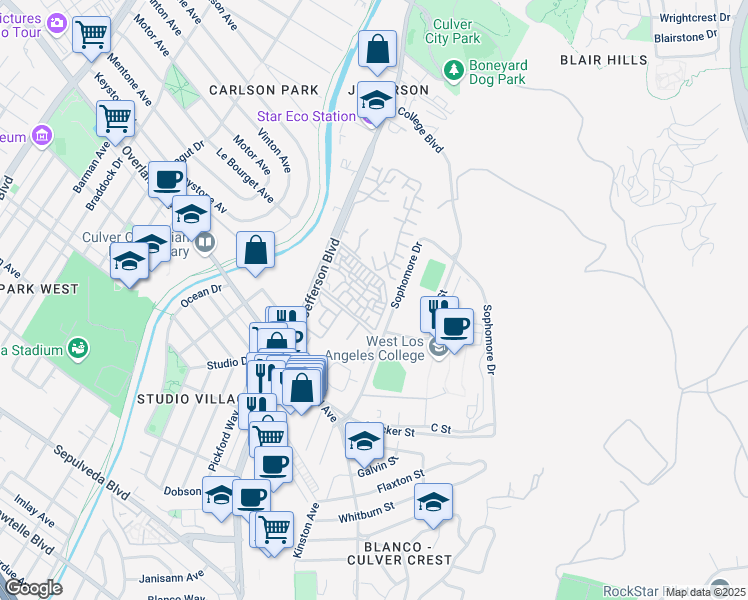 map of restaurants, bars, coffee shops, grocery stores, and more near 5001 Stoney Creek Road in Culver City