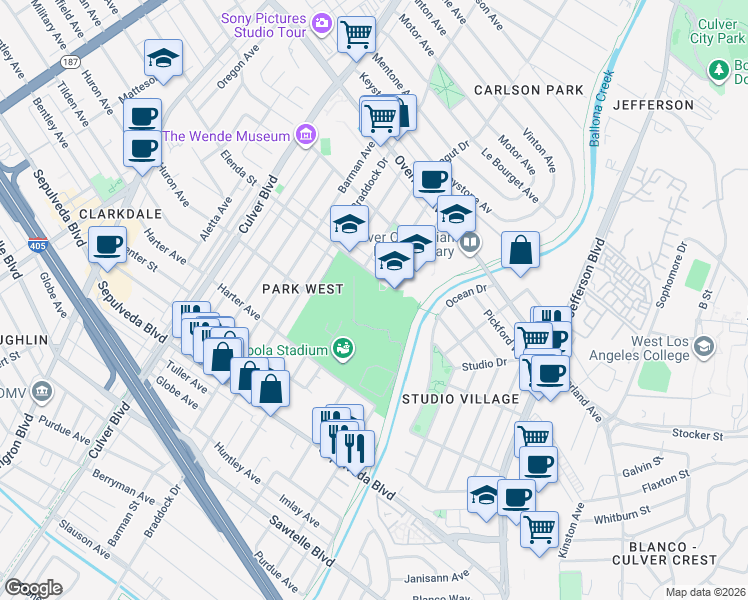 map of restaurants, bars, coffee shops, grocery stores, and more near 4601 Elenda Street in Culver City