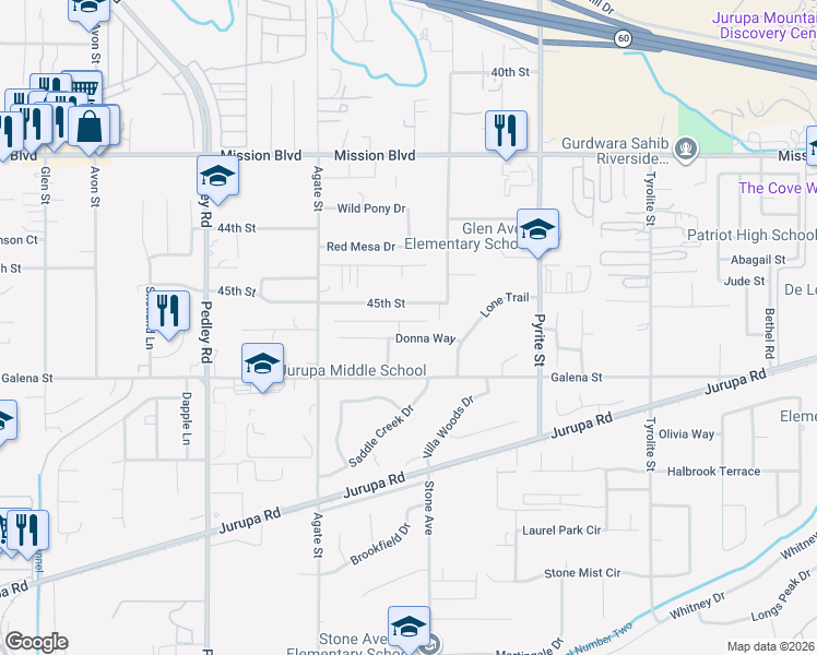 map of restaurants, bars, coffee shops, grocery stores, and more near 8458 45th Street in Riverside