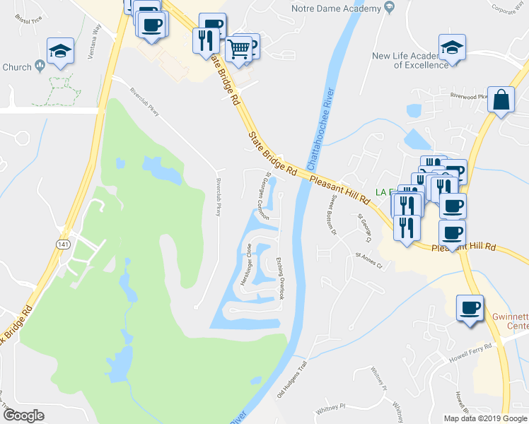 map of restaurants, bars, coffee shops, grocery stores, and more near 9325 Saint Georgen Common in Duluth