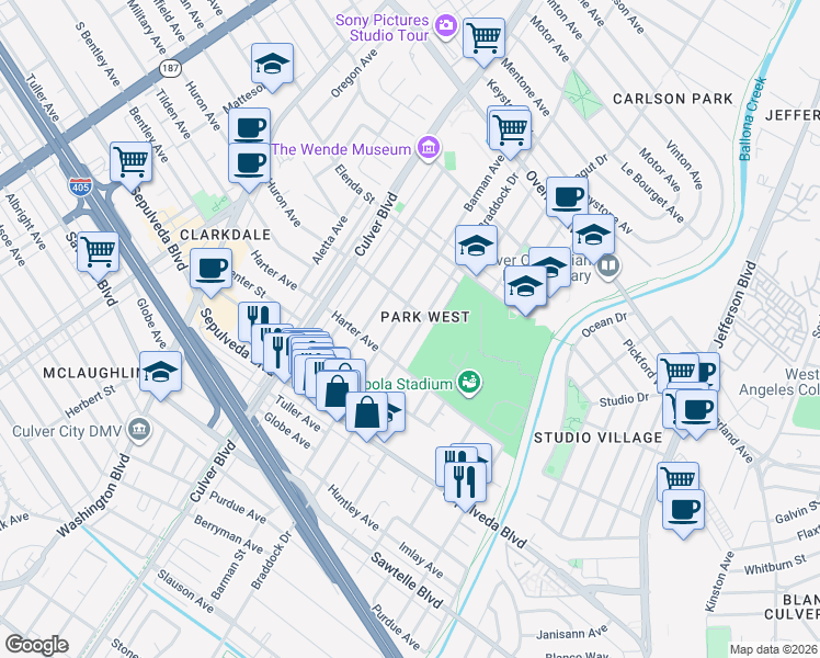 map of restaurants, bars, coffee shops, grocery stores, and more near 11021 Braddock Drive in Culver City