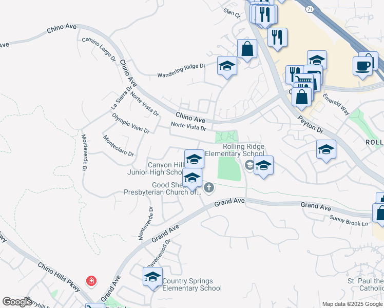 map of restaurants, bars, coffee shops, grocery stores, and more near 2469 Monte Royale Drive in Chino Hills