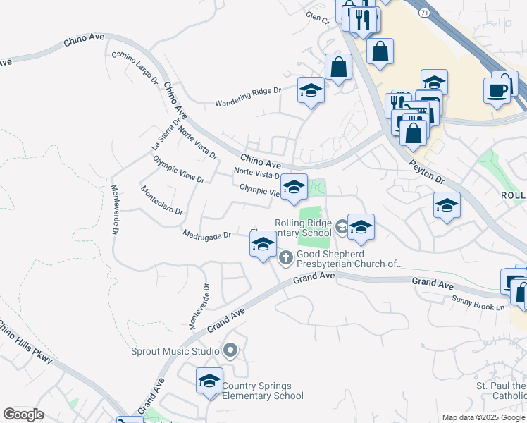 map of restaurants, bars, coffee shops, grocery stores, and more near 2469 Monte Royale Drive in Chino Hills