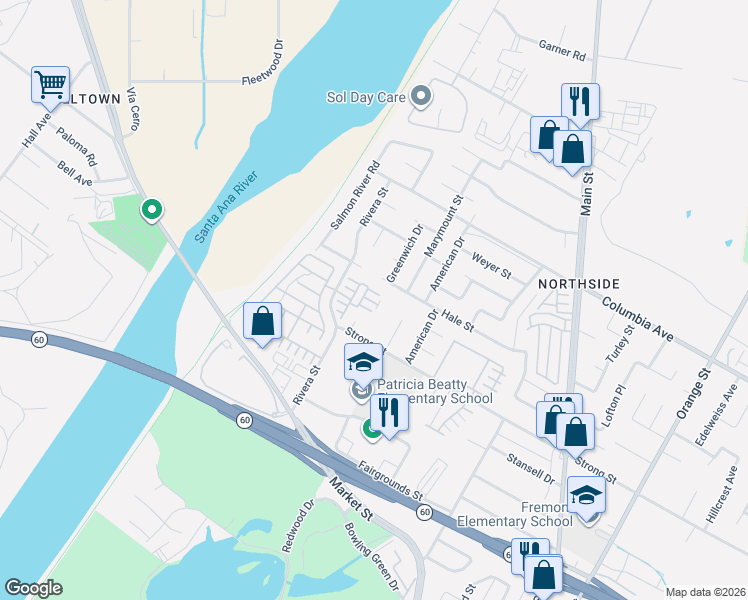 map of restaurants, bars, coffee shops, grocery stores, and more near 4396 Hale Street in Riverside