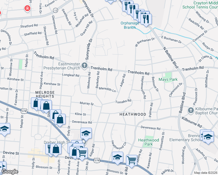 map of restaurants, bars, coffee shops, grocery stores, and more near 1513 Tanglewood Road in Columbia