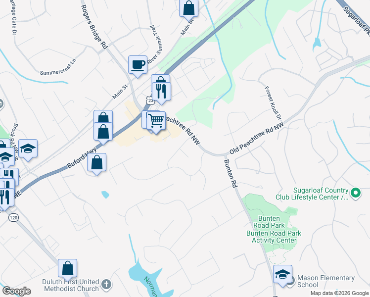 map of restaurants, bars, coffee shops, grocery stores, and more near 2654 Peachtree Place in Duluth