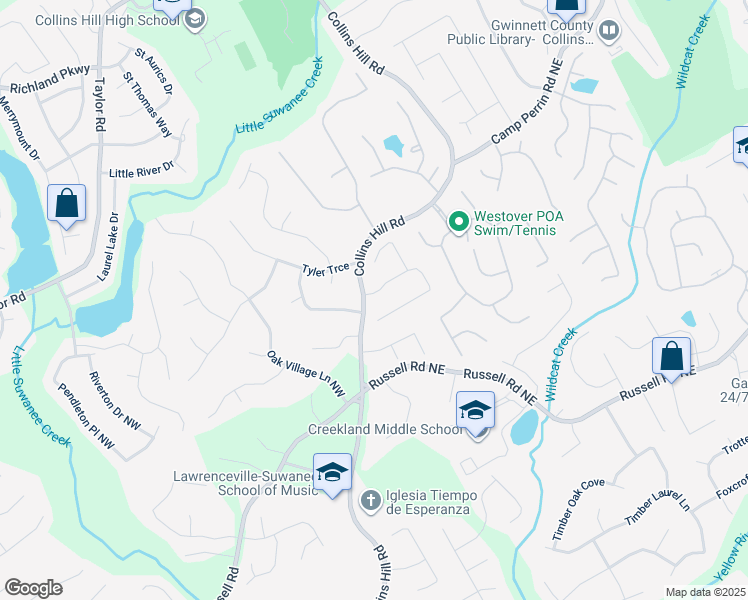 map of restaurants, bars, coffee shops, grocery stores, and more near 55 Foster Trace Drive in Lawrenceville