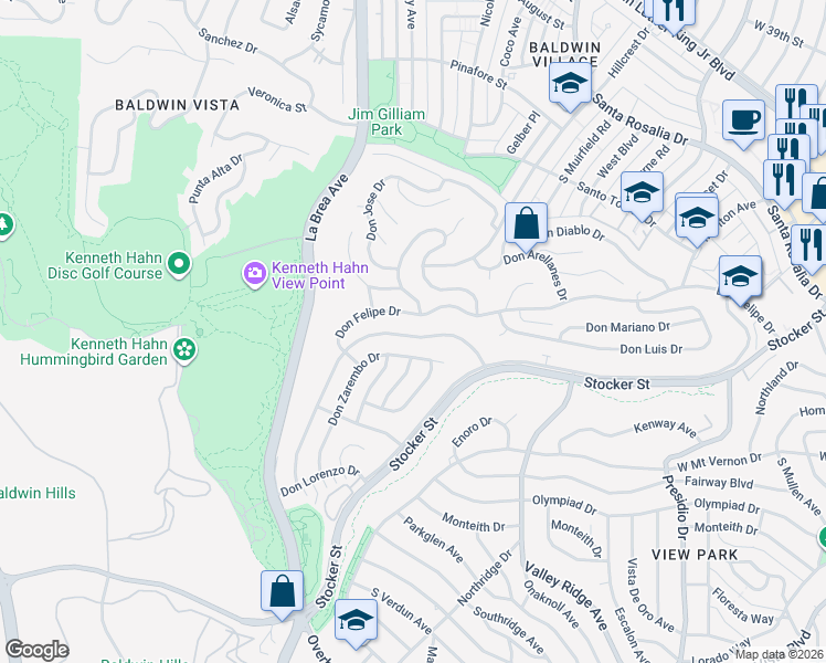 map of restaurants, bars, coffee shops, grocery stores, and more near 4501 Don Miguel Drive in Los Angeles