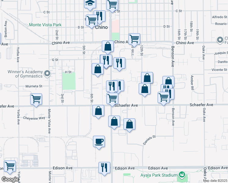 map of restaurants, bars, coffee shops, grocery stores, and more near 12740 Central Avenue in Chino