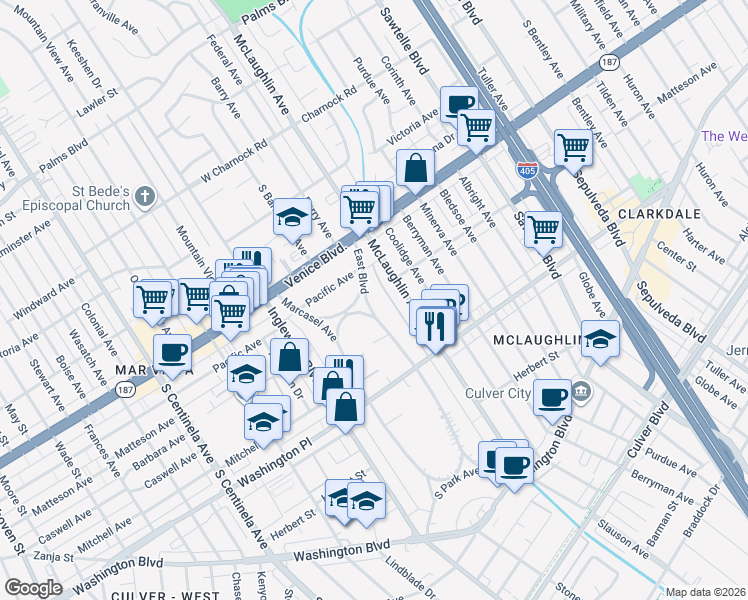 map of restaurants, bars, coffee shops, grocery stores, and more near 3904 East Boulevard in Los Angeles