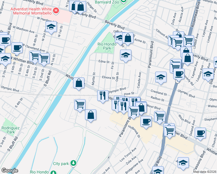 map of restaurants, bars, coffee shops, grocery stores, and more near 4827 Fir Street in Pico Rivera