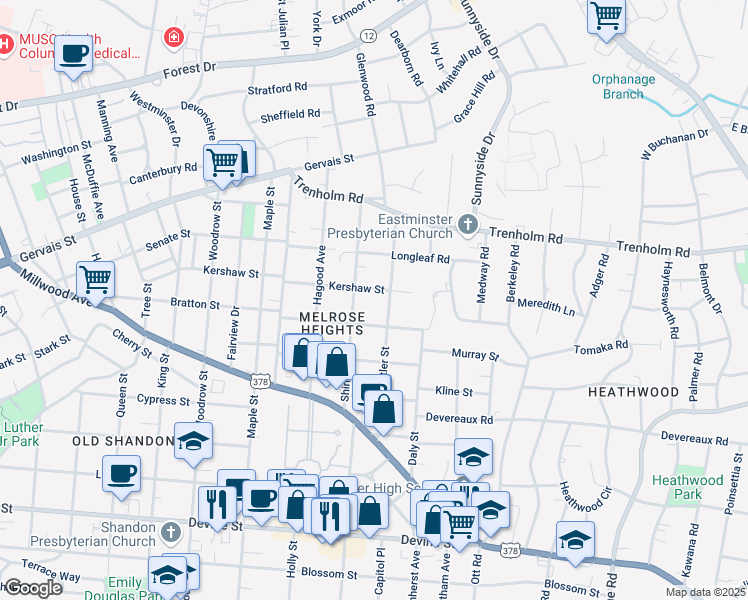 map of restaurants, bars, coffee shops, grocery stores, and more near 3030 Kershaw Street in Columbia
