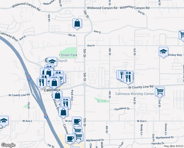 map of restaurants, bars, coffee shops, grocery stores, and more near 13625 5th Street in Yucaipa